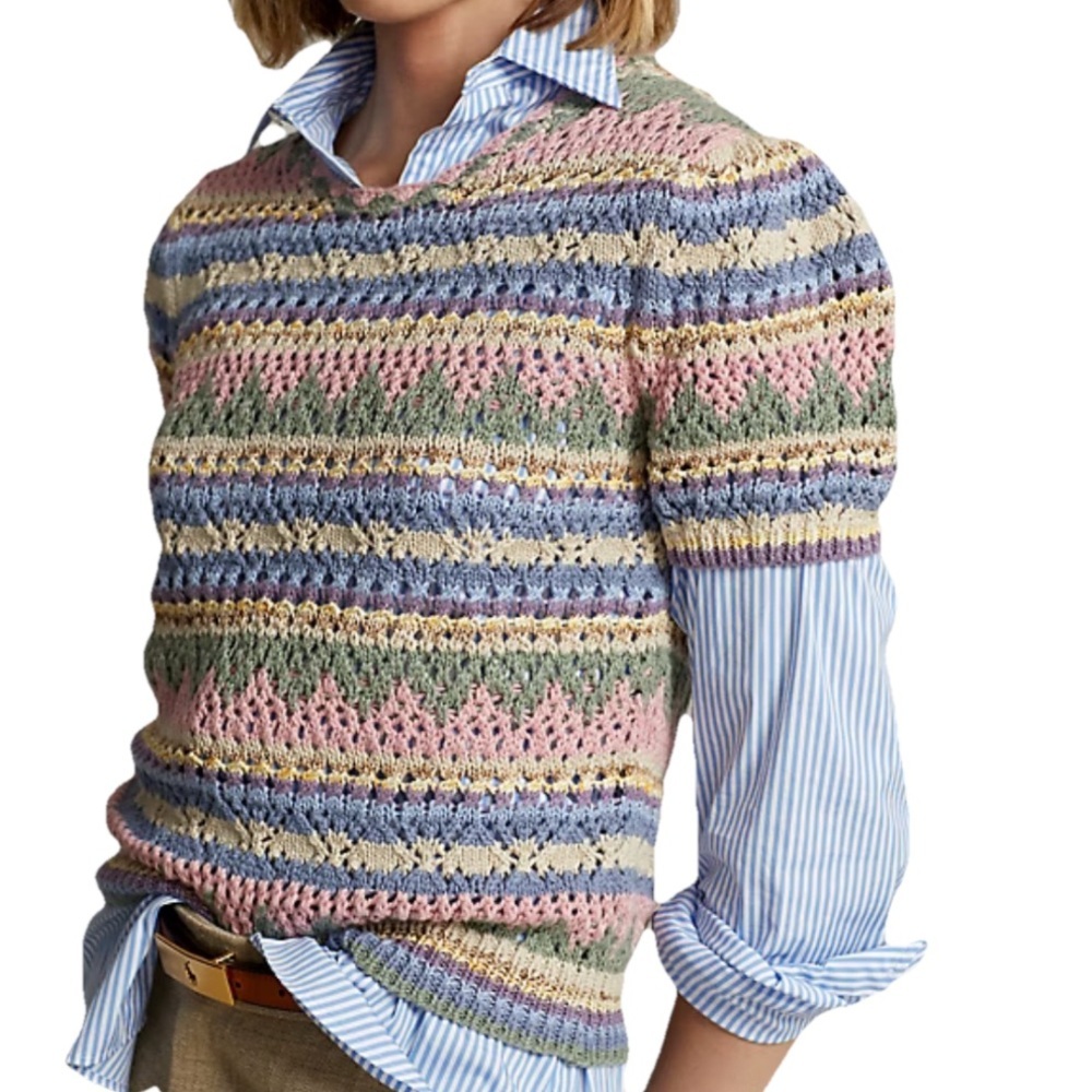 Ralph Lauren Crocheted Knit Sweater Top Crewneck Tee Pastel Vintage Striped M